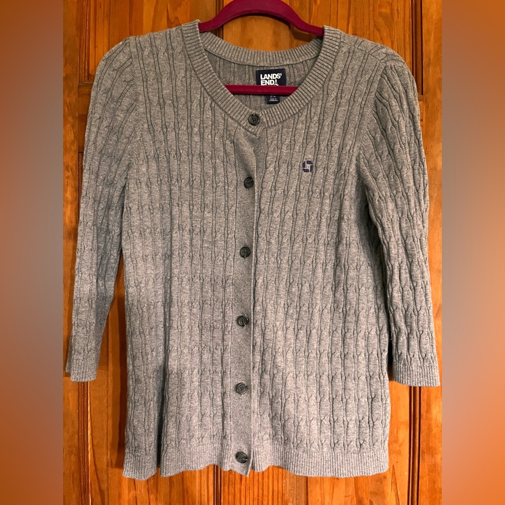 Chase Bank Lands' End Gray Cable Knit Cardigan Sweater